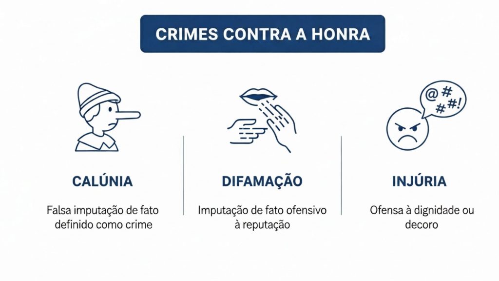 Ilustração de três tipos de crimes contra a honra, com ícones explicativos. À esquerda, está a representação da calúnia, com um personagem com um chapéu, simbolizando a falsa imputação de um fato criminoso. No centro, está a difamação, ilustrada por uma boca sendo tapada por uma mão, representando a imputação de fatos ofensivos à reputação de alguém. À direita, a injúria é representada por um rosto furioso e palavrões, simbolizando a ofensa à dignidade ou ao decoro de uma pessoa. O título "CRIMES CONTRA A HONRA" está localizado na parte superior da imagem.