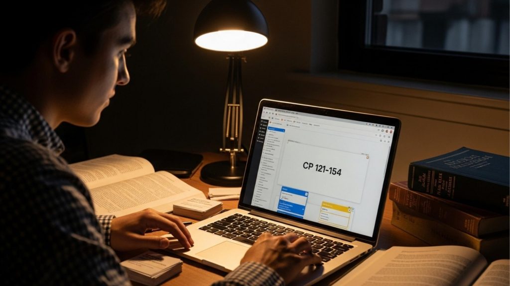 Fotografia de um estudante de direito revisando seu material de estudo à noite. Ele está sentado à mesa, com livros e fichários abertos ao seu lado. Na tela do laptop, é possível ver o código penal (CP 121-154), indicando um estudo sobre o direito penal. A iluminação suave da lâmpada de mesa destaca o ambiente de estudo concentrado, com uma atmosfera tranquila e dedicada. O estudante parece focado no seu aprendizado, com a luz suave criando um contraste com o ambiente ao fundo.