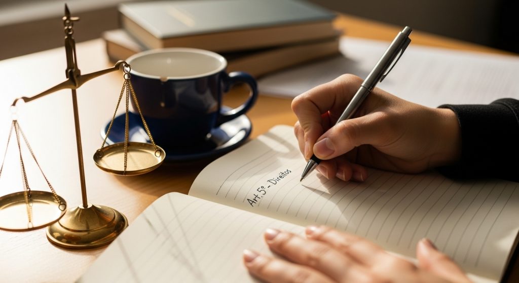 Pessoa escreve “Art. 5º - Direitos” em caderno ao lado de balança dourada, xícara azul e livros empilhados.