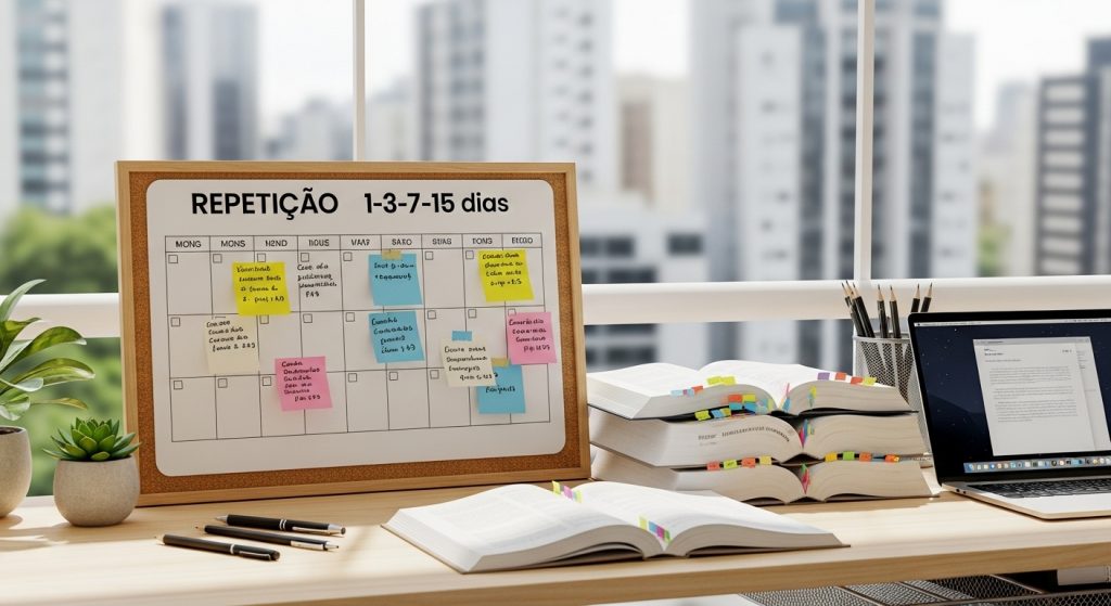 Quadro de estudos com método de repetição espaçada, livros abertos com marcadores e notebook sobre mesa.