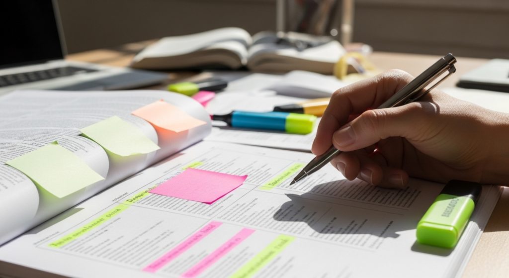 Mão destacando texto com marca-texto em livro repleto de post-its coloridos e materiais de estudo sobre a mesa.