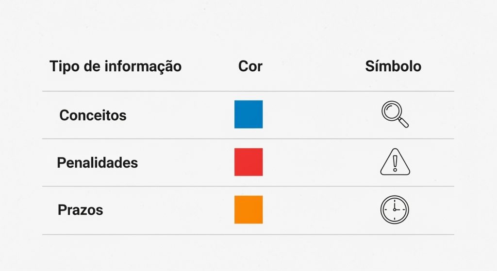 Tabela com categorias de informação: Conceitos (azul, lupa), Penalidades (vermelho, alerta) e Prazos (laranja, relógio).