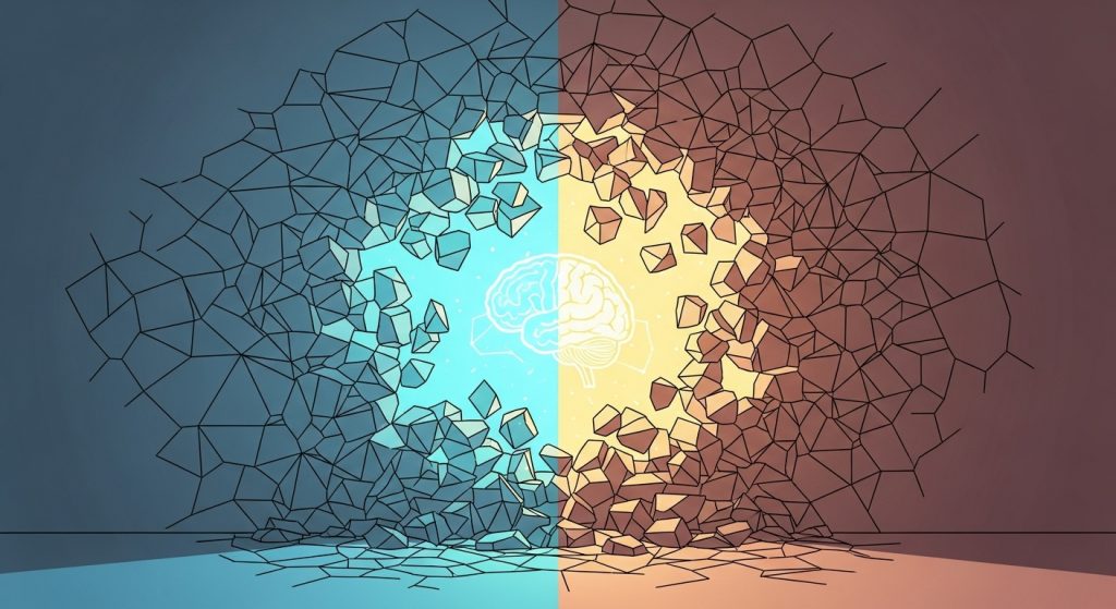 Ilustração conceitual de um cérebro humano no centro de uma composição dividida em dois lados. O lado esquerdo é azul e o direito alaranjado, com formas geométricas fragmentadas se espalhando para fora como se o cérebro estivesse rompendo uma barreira. Representa o funcionamento dos hemisférios cerebrais e a quebra de paradigmas cognitivos, comumente associada ao desenvolvimento da criatividade e raciocínio lógico.