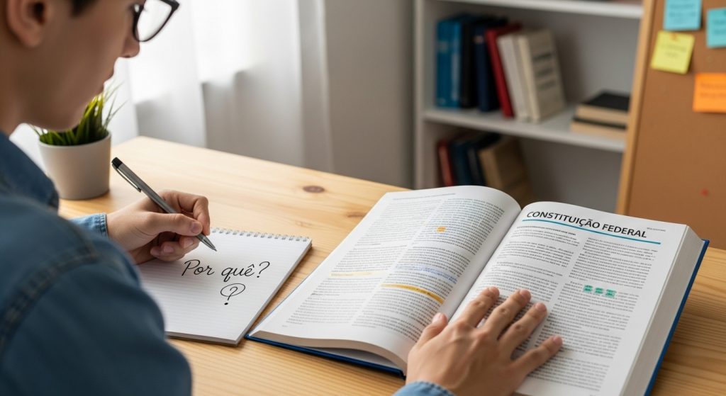 Banner informativo com fundo azul e o título “Guia de Estudos” em destaque laranja, acompanhado da frase “Decoreba não é o caminho: entenda para memorizar melhor” em letras brancas. Ao lado, um cérebro ilustrado com expressão simpática segura um martelo de juiz. Ao fundo, desfocado, uma pessoa folheia um livro aberto, reforçando o conceito de aprendizado com compreensão e técnicas de memorização eficazes.