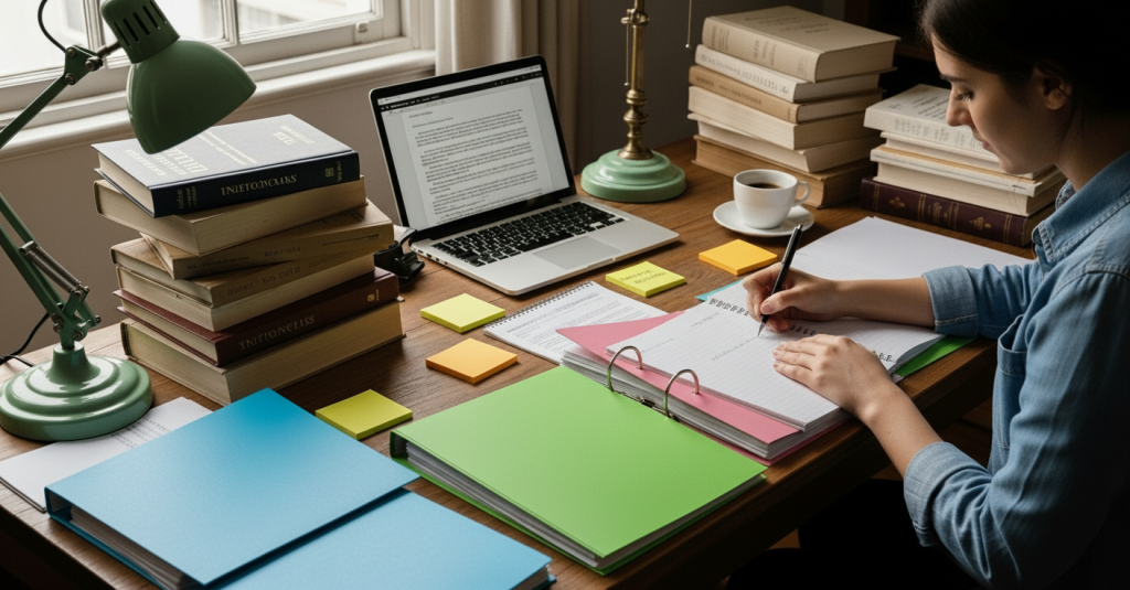 Mulher escrevendo em caderno sobre mesa com laptop, livros empilhados, post-its e luminária verde.