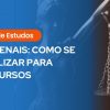 Texto โGuia de Estudos โ Leis penais: como se atualizar para concursosโ sobre fundo azul com balanรงa da justiรงa.