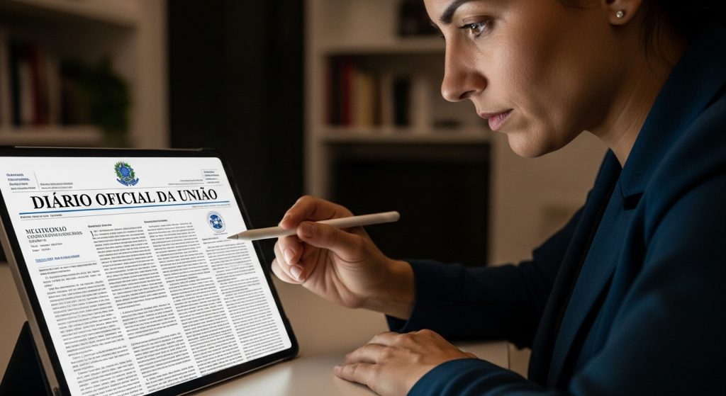 Mulher analisando o Diรกrio Oficial da Uniรฃo em tablet com caneta digital.