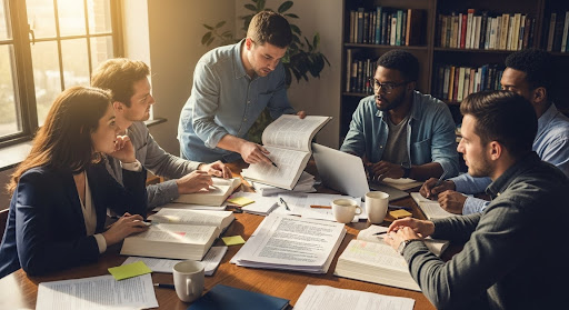 Grupo de seis pessoas estudando em conjunto com livros, anotaรงรตes e laptop em biblioteca.