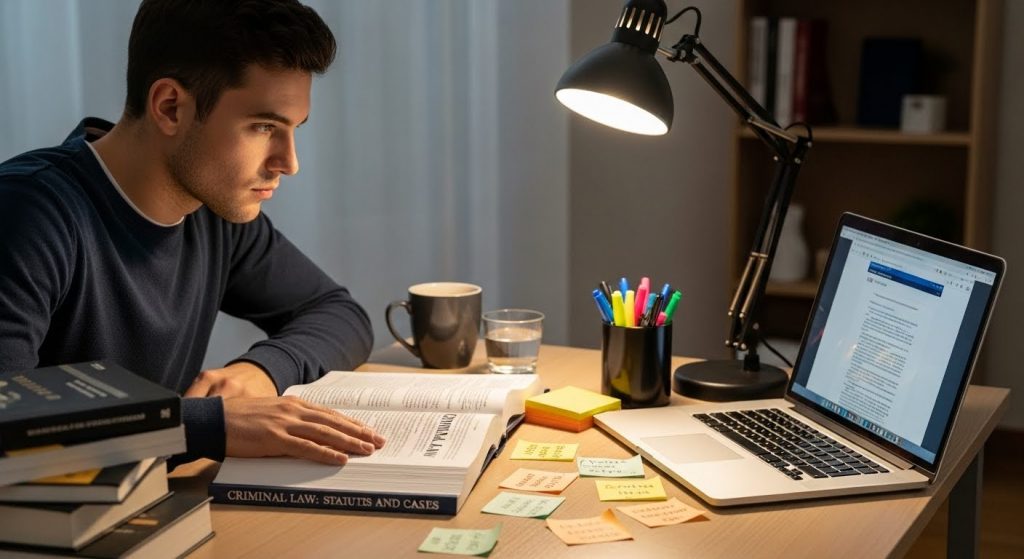 Jovem estudando Direito com livros, anotaรงรตes e notebook sobre mesa iluminada por luminรกria.