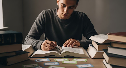 Jovem escrevendo em livro rodeado por pilhas de livros e cartรตes de revisรฃo sobre a mesa.