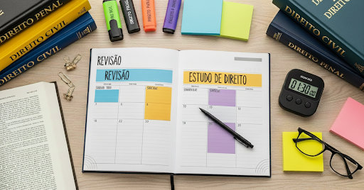 Planner aberto com cronograma de revisรฃo e estudo de Direito, rodeado por livros, marcadores e cronรดmetro.