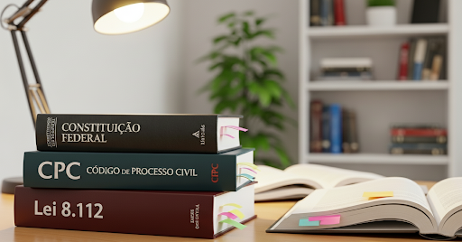 Livros de Direito empilhados com marcadores coloridos sobre mesa de estudo iluminada por luminรกria.