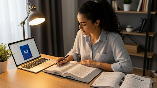 Mulher estuda com livros de Direito e laptop aberto em página do STF, sentada à mesa com luminária acesa.