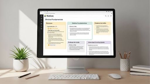 Tela do Notion com resumos de Direito Constitucional organizados em blocos coloridos.