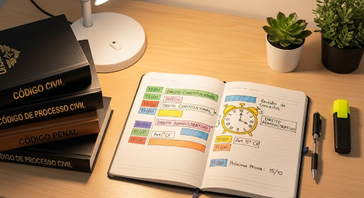 Mesa com códigos jurídicos e caderno com cronograma colorido de estudos para concurso.