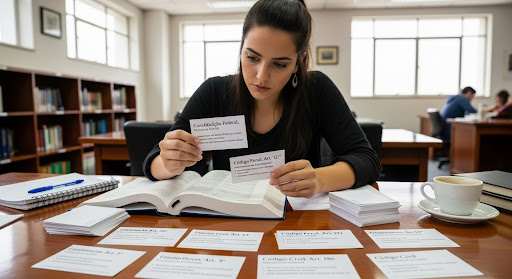 Mulher estudando com fichas de resumo e livro aberto em uma biblioteca.
