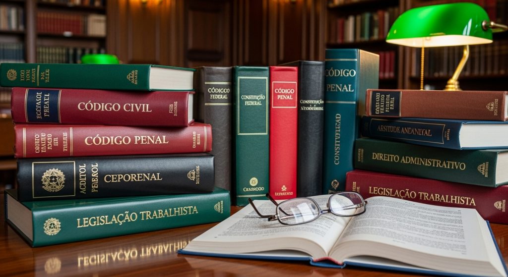 Pilhas de livros jurídicos com títulos como “Código Penal”, “Código Civil” e “Legislação Trabalhista” sobre mesa de madeira.