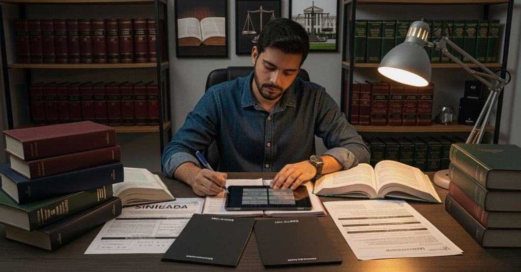 Alt text disse: Homem estudando leis em mesa com livros jurídicos, tablet e documentos; ao fundo, estante com códigos legais.