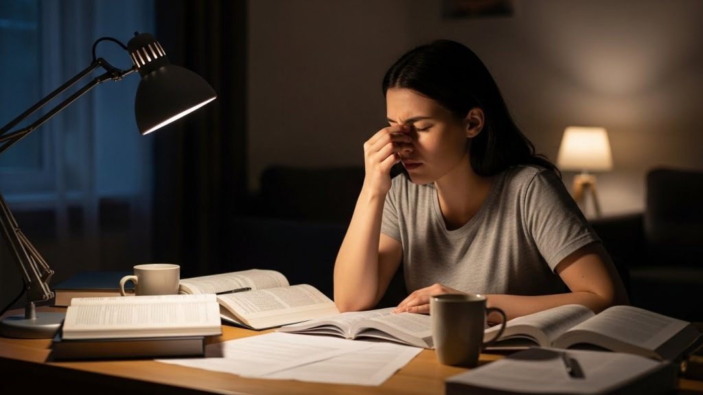 Mulher estudando à noite em ambiente iluminado por luminária de mesa, com expressão de cansaço ao apertar a ponte do nariz; há livros abertos, papéis e canecas sobre a mesa.