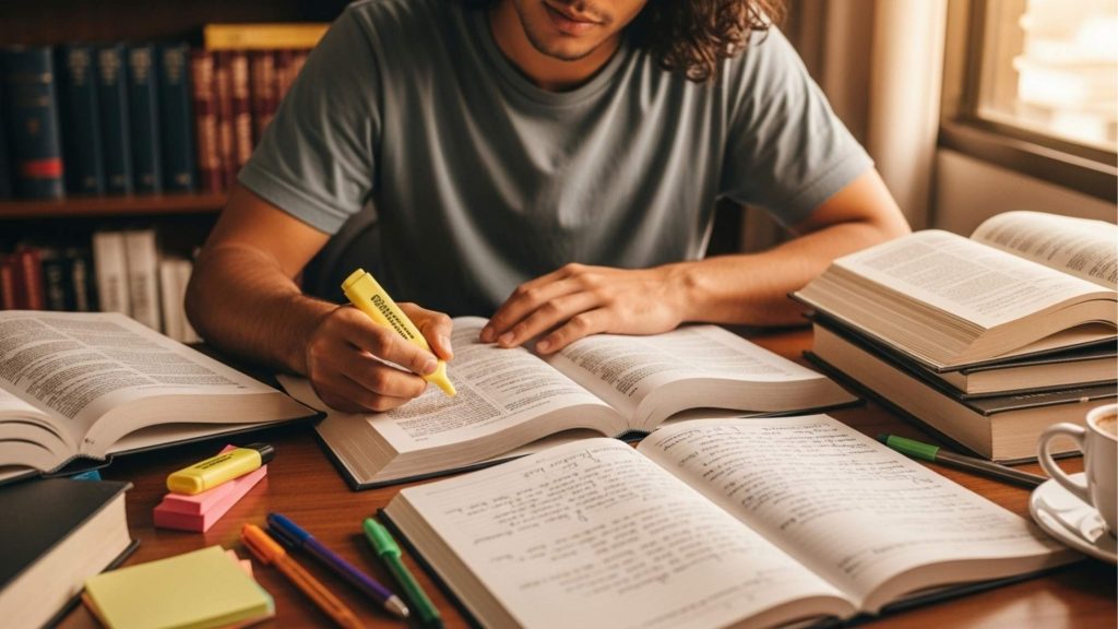 Estudante concentrado destacando artigos em livros jurídicos, com post-its e marcadores ao redor, ilustrando o método de como fazer fichamento da lei seca por meio de leitura ativa, marcação de palavras-chave e organização do conteúdo.