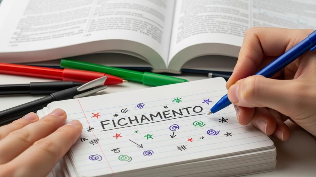 Foto de estudante escrevendo em uma ficha de estudos com canetas coloridas ao lado de um livro aberto, representando o processo de organização e síntese usado para quem busca aprender como fazer fichamento da lei seca de forma prática e visual.