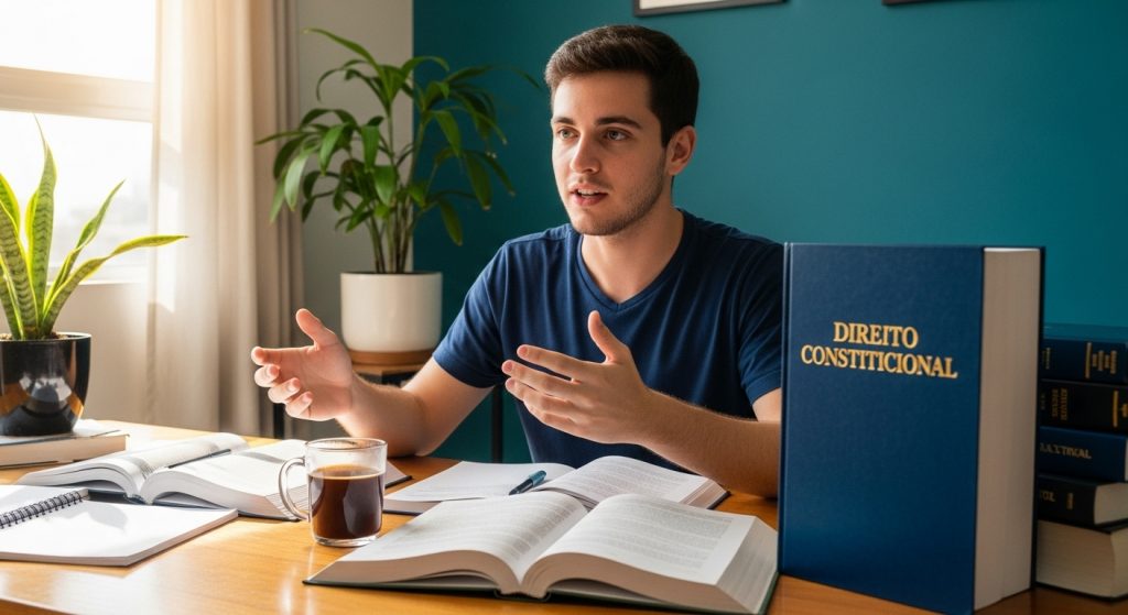 Homem falando enquanto estuda em mesa com livros abertos, caderno, caneca de café e plantas ao fundo; à frente dele, livro grande com o título “DIREITO CONSTITUCIONAL” em destaque.