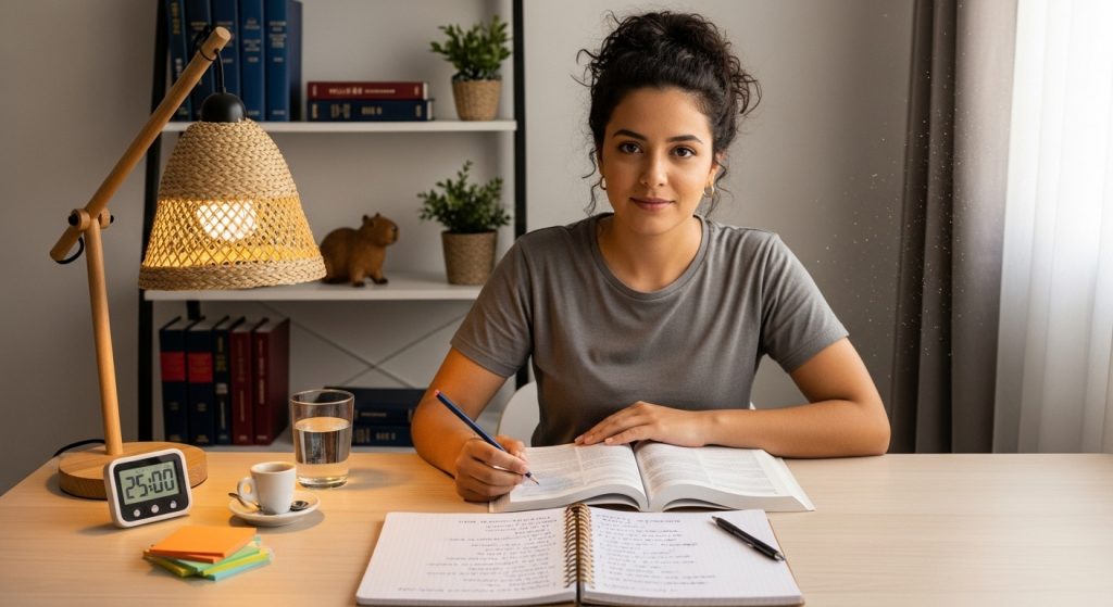 Mulher sentada à mesa de estudos com livros abertos, caderno, copo de água, xícara de café e timer de 25 minutos; ao fundo, estante com livros, plantas e luminária de palha acesa.