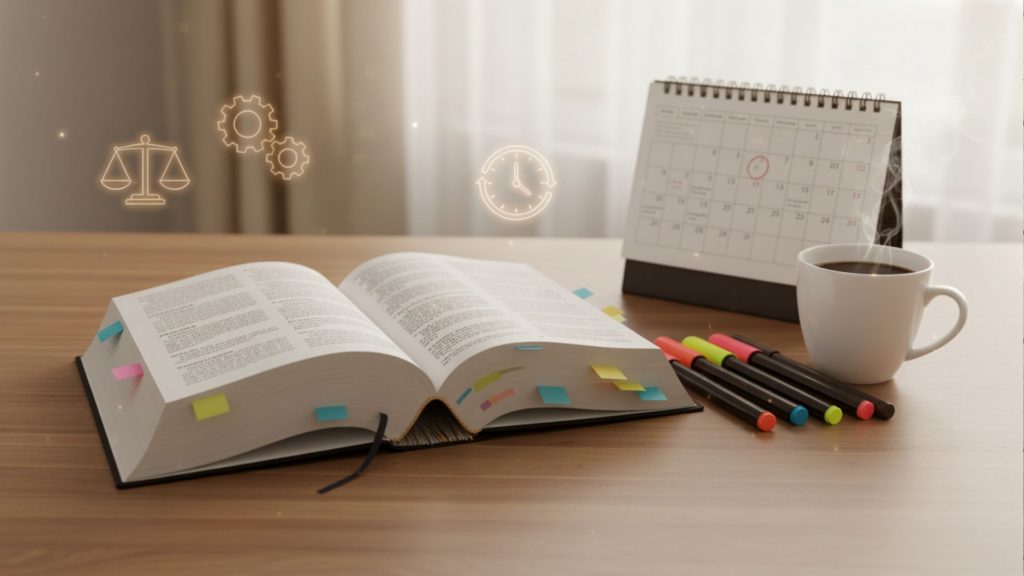 Estudante revisando anotações enquanto consulta livros de Direito e marcações coloridas, representando uma rotina organizada de estudos e a aplicação prática de um cronograma de leitura da lei seca com foco em concursos.