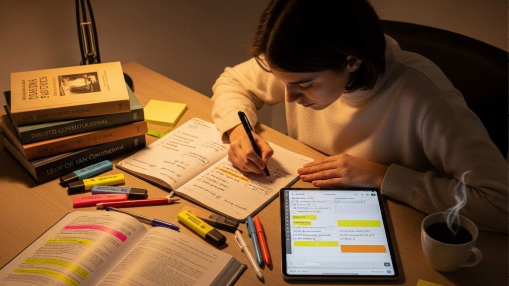 Vade Mecum aberto com diversas marcações, marcadores coloridos, agenda com calendário e xícara de café ao lado, simbolizando disciplina, planejamento e a construção de um cronograma de leitura da lei seca eficiente para concursos públicos.