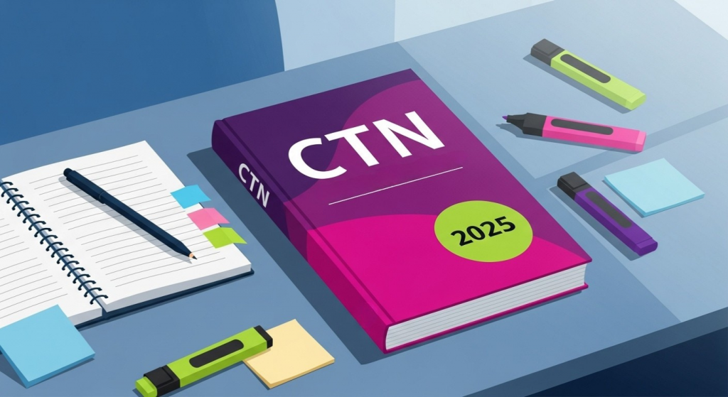 Ilustração com livro roxo intitulado “CTN 2025” sobre uma mesa, ao lado de caderno com anotações, caneta, marcadores coloridos e post-its.