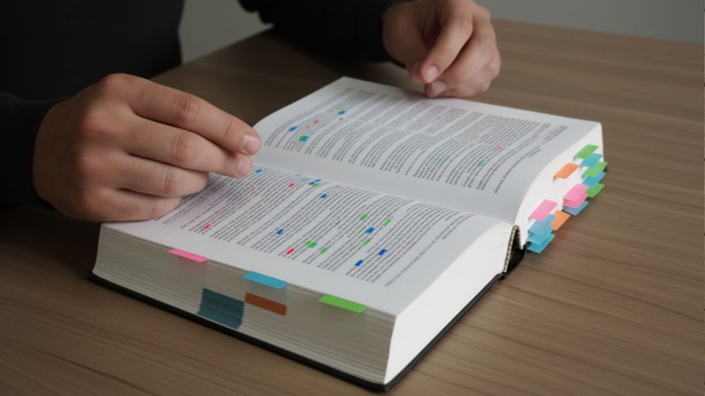 Pessoa estudando para a OAB com um Vade Mecum cheio de abas coloridas e marcações, simbolizando o uso estratégico da lei seca na 2ª fase da OAB para localizar artigos rapidamente.
