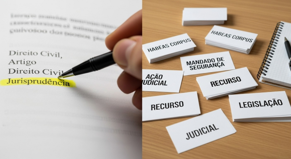 Montagem com duas imagens: à esquerda, palavra “Jurisprudência” grifada em amarelo em um texto jurídico; à direita, diversos flashcards sobre temas jurídicos como “HABEAS CORPUS”, “RECURSO” e “LEGISLAÇÃO” sobre mesa de madeira.