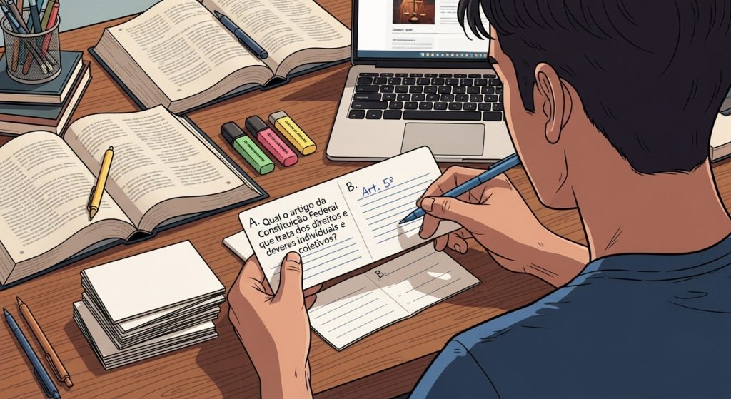 Pessoa estudando com flashcards em mesa com livros, laptop e marcadores; um dos cartões mostra a pergunta “Qual o artigo da Constituição Federal que trata dos direitos e deveres individuais e coletivos?” com a resposta “Art. 5º”.