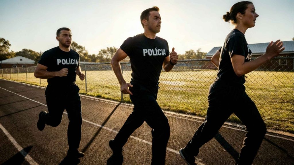 Três candidatos usando camisetas escritas ‘Polícia’ correndo em pista de atletismo durante treino para o Teste de Aptidão Física de concursos policiais.