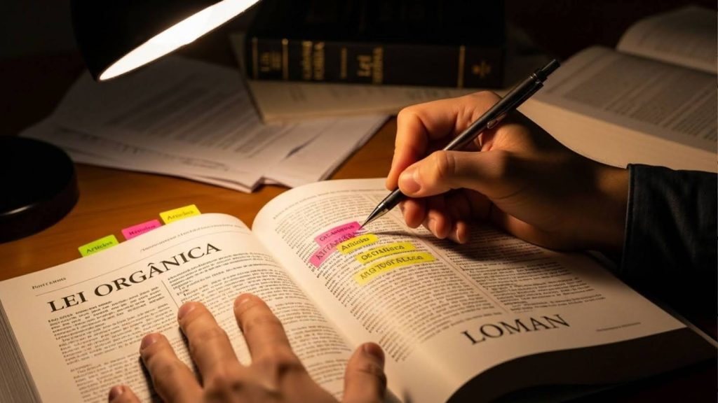 Pessoa estudando um livro aberto com destaque para o título “Lei Orgânica” e marcações coloridas em artigos da LOMAN. A cena retrata preparação para concursos de tribunais com foco na lei orgânica e leitura da legislação seca.