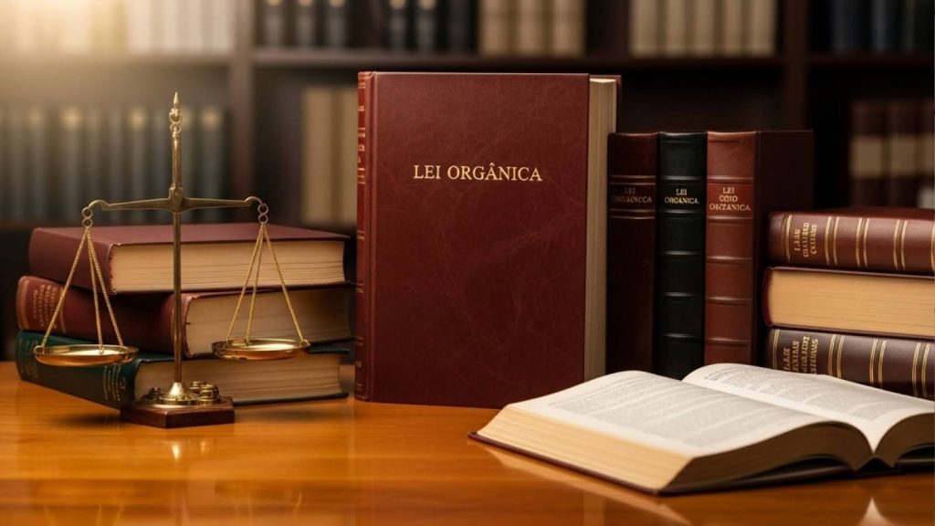 Mesa com livros jurídicos encadernados em capa dura com o título “Lei Orgânica”, ao lado de uma balança dourada simbolizando a Justiça. A composição reforça a importância da lei orgânica na estrutura dos tribunais e nos concursos da área jurídica.