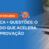 Cartaz com fundo azul, computador e caneta ao fundo, com o texto: “Guia de Estudos – LEI SECA + QUESTÕES: O MÉTODO QUE ACELERA SUA APROVAÇÃO”, acompanhado de cérebro ilustrado com martelo.