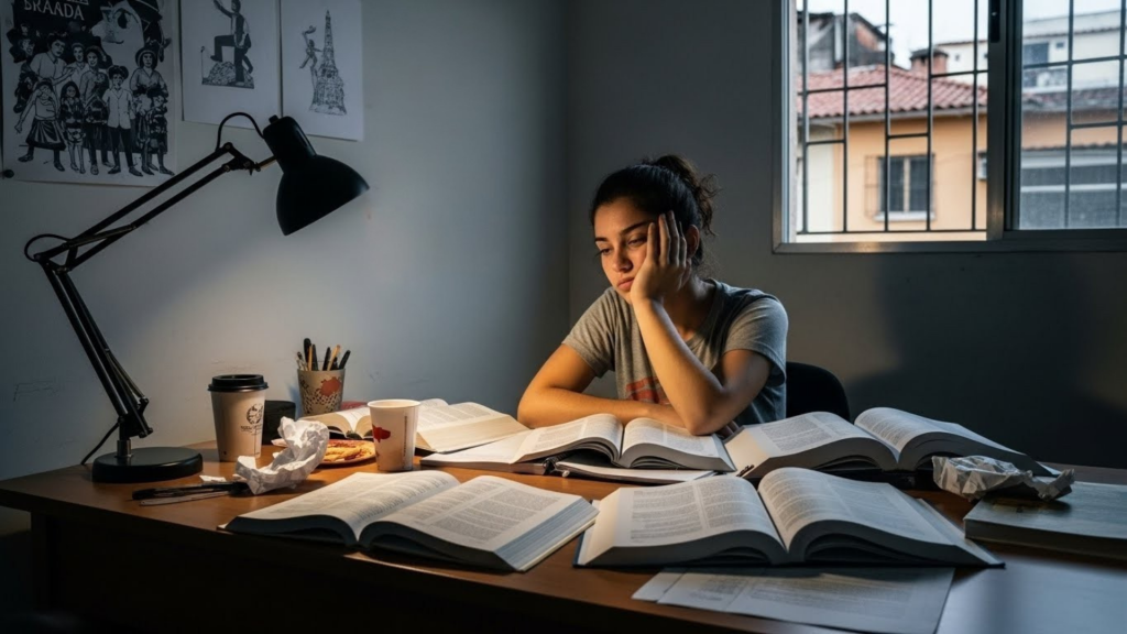 Estudante com expressão cansada e entediada, apoiando o rosto com a mão, cercada por livros abertos e copos descartáveis sobre uma mesa desorganizada.