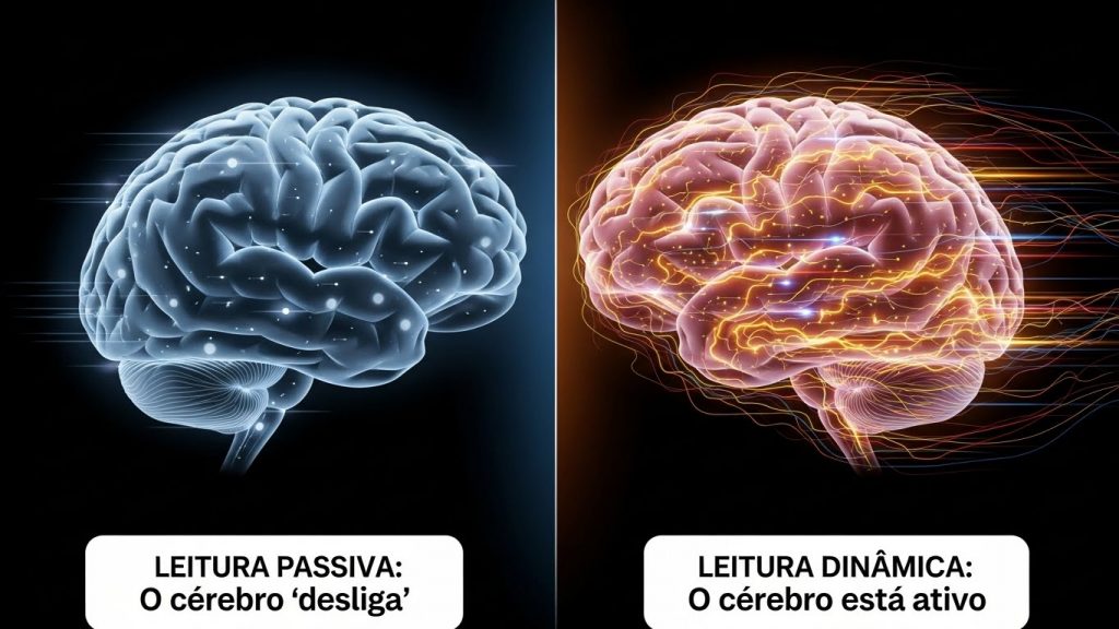 Comparação entre dois cérebros: à esquerda, cérebro em tons de azul com poucos estímulos e a legenda “LEITURA PASSIVA: O cérebro ‘desliga’”; à direita, cérebro em tons de rosa e laranja com muitos impulsos elétricos e a legenda “LEITURA DINÂMICA: O cérebro está ativo”.