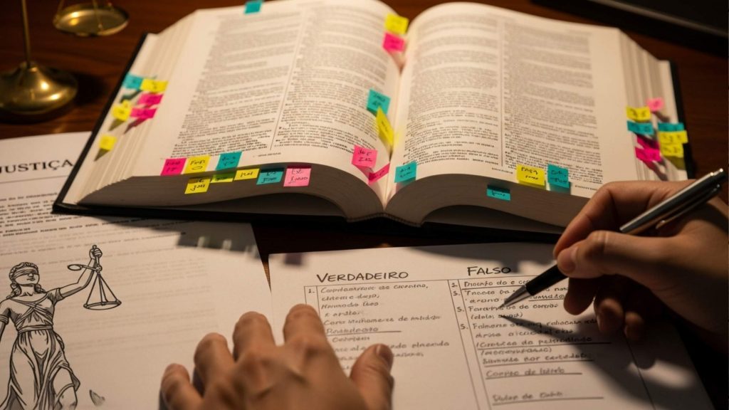 Mesa de estudos com um grande livro jurídico cheio de marcações coloridas, ao lado de uma folha com exercícios de verdadeiro ou falso baseados na letra da lei. A cena representa estudo ativo, foco em detalhes e técnica de revisão para concursos.