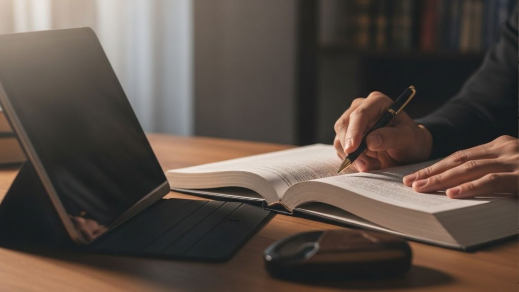 Pessoa estudando a letra da lei em um ambiente silencioso, com um livro jurídico aberto, fazendo anotações com caneta enquanto consulta um tablet. A luz amarelada cria clima de concentração, reforçando a preparação para concursos.