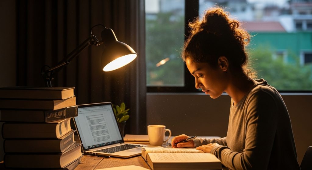 Mulher estudando à noite sob luminária, rodeada por livros de direito e usando notebook, com caneca ao lado e expressão concentrada.