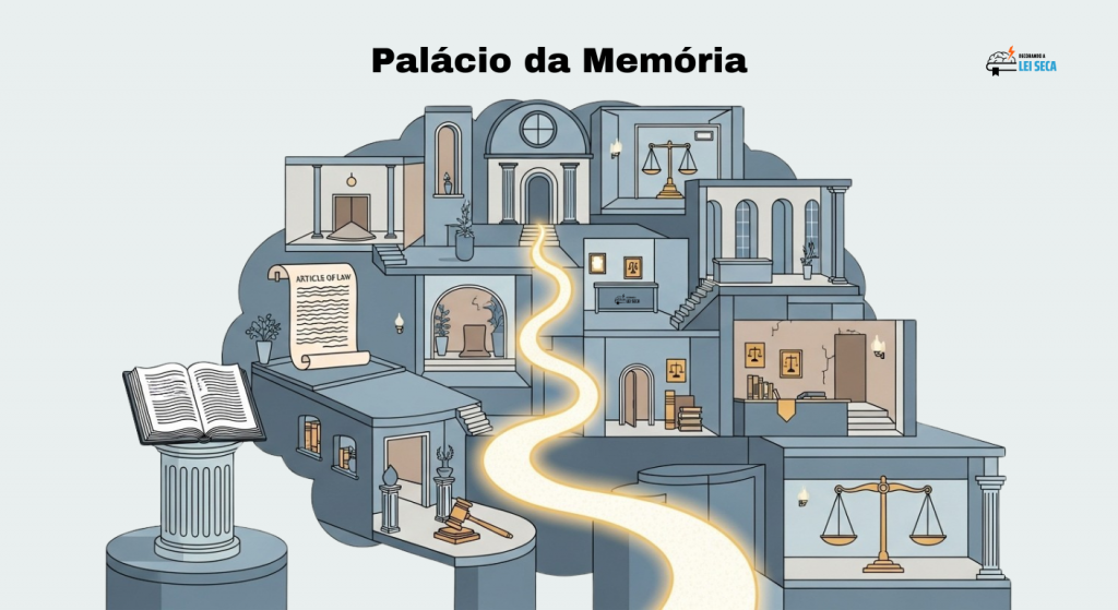 Ilustração de um palácio com múltiplas salas temáticas representando o método do Palácio da Memória, com elementos visuais ligados ao estudo de leis, como balança da justiça, pergaminhos e livros.
