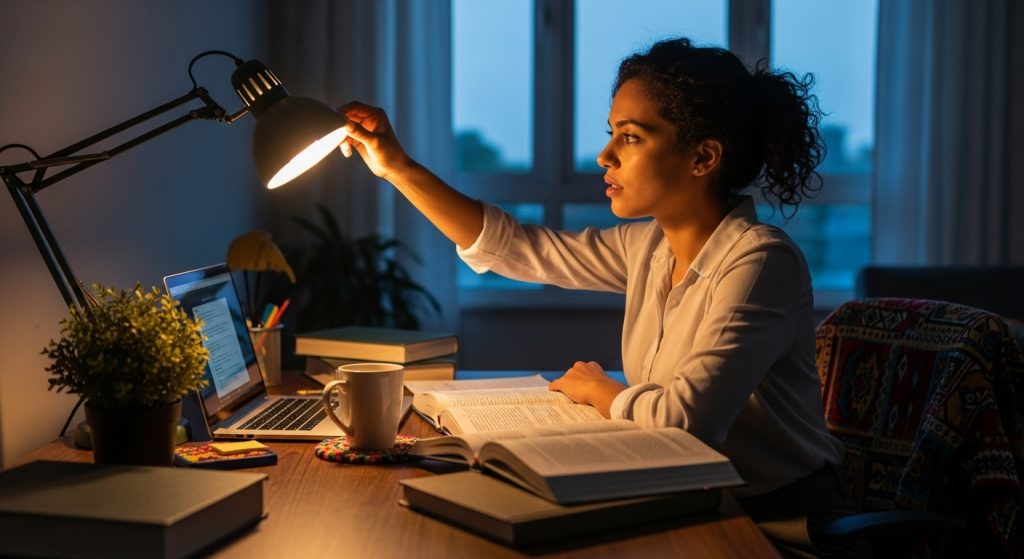 Mulher ajustando a luminária de mesa enquanto estuda à noite, com livros abertos, notebook e xícara sobre a mesa.