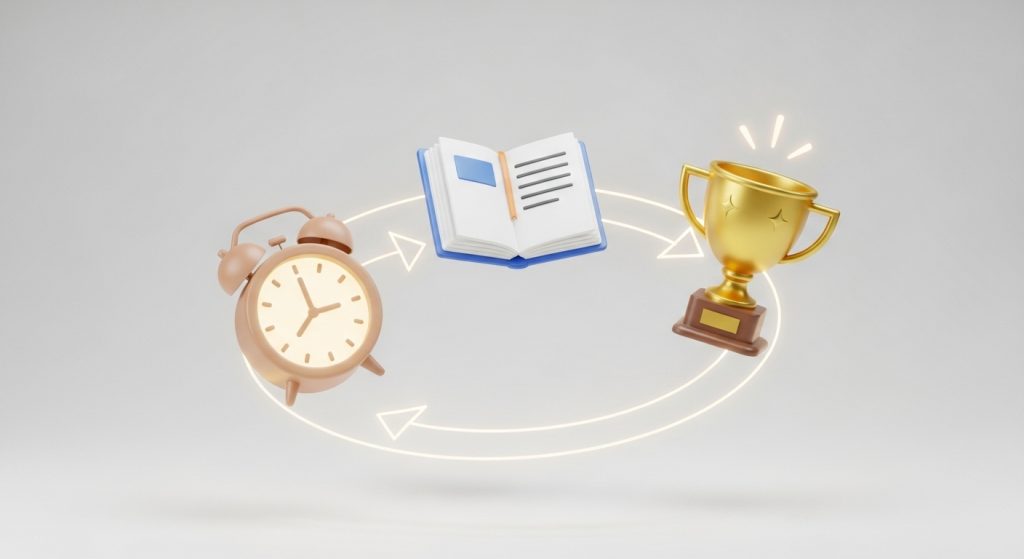 Ilustrações de um despertador, um livro aberto e um troféu dourado conectados por setas, sugerindo a relação entre tempo, estudo e conquista.