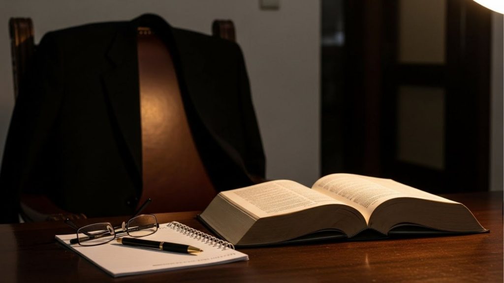 Ambiente de estudo com iluminação suave, apresentando um livro jurídico aberto sobre a mesa, ao lado de caderno, óculos de grau e caneta; ao fundo, uma cadeira com paletó pendurado, transmitindo atmosfera de concentração e estudo para carreira jurídica.