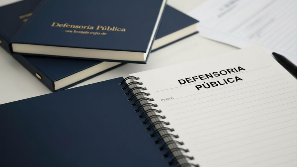 Cadernos e livros com capa azul escura sobre uma mesa branca, com destaque para um caderno espiral aberto onde se lê “Defensoria Pública” em letras maiúsculas, sugerindo preparação para concurso da Defensoria Pública.