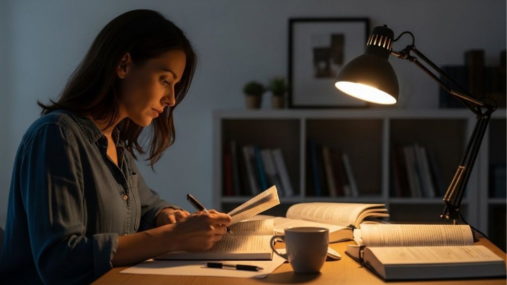 Mulher jovem estudando à noite em ambiente iluminado por luminária de mesa, concentrada na leitura de um livro aberto, com caneta na mão e xícara ao lado; ao fundo, estante com livros e decoração minimalista, representando rotina de preparação para concursos públicos.