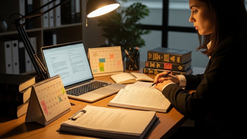Uma mulher jovem estudando focada à noite em uma mesa de escritório organizada. Ela faz anotações em um caderno aberto enquanto consulta livros de direito e um laptop. A iluminação vem de uma luminária de mesa, destacando um calendário e pilhas de livros jurídicos ao fundo, ilustrando uma rotina de estudos noturna para concursos.