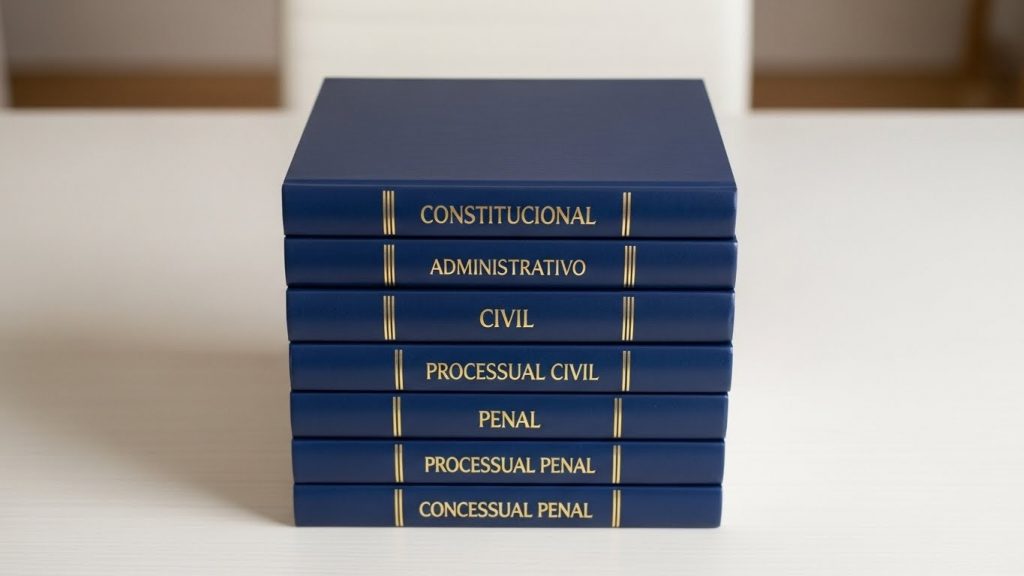 Uma pilha vertical e organizada de sete livros de direito com capas azul-escuras e letras douradas sobre uma mesa branca. As lombadas identificam as disciplinas jurídicas essenciais: Constitucional, Administrativo, Civil, Processual Civil, Penal e Processual Penal, representando o material de estudo base para carreiras jurídicas.